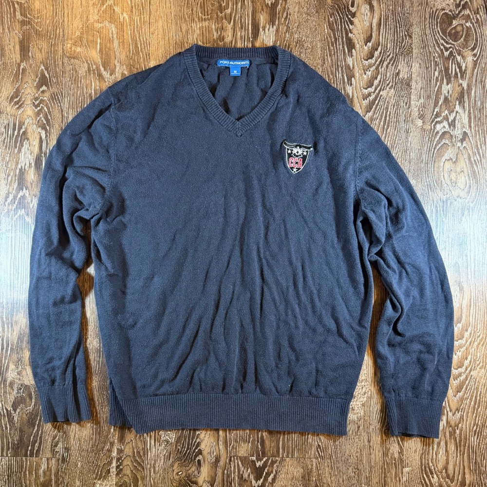 Port Authority Mens V-Neck Sweater Navy Blue CCA Crest Patch Pullover Size M